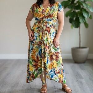 Guillaume Colorful Faux Wrap Tropical Maxi Dress Floral Slinky Boho Cruise Chic